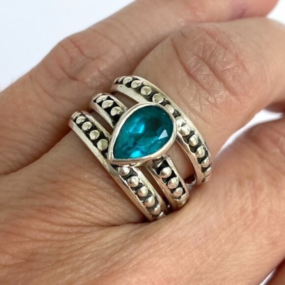 Sterling Silver 925 Teardrop Faceted Blue Glass Triple Band Ring Bali Size 6.5 - Picture 2 of 16